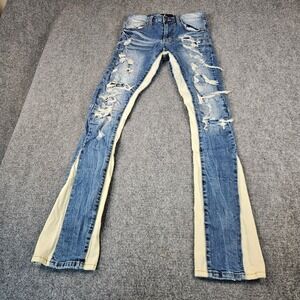 Decibel Mens 28x35 Distressed Stacked Flare Jeans Blue Cream Panel Ripped Denim